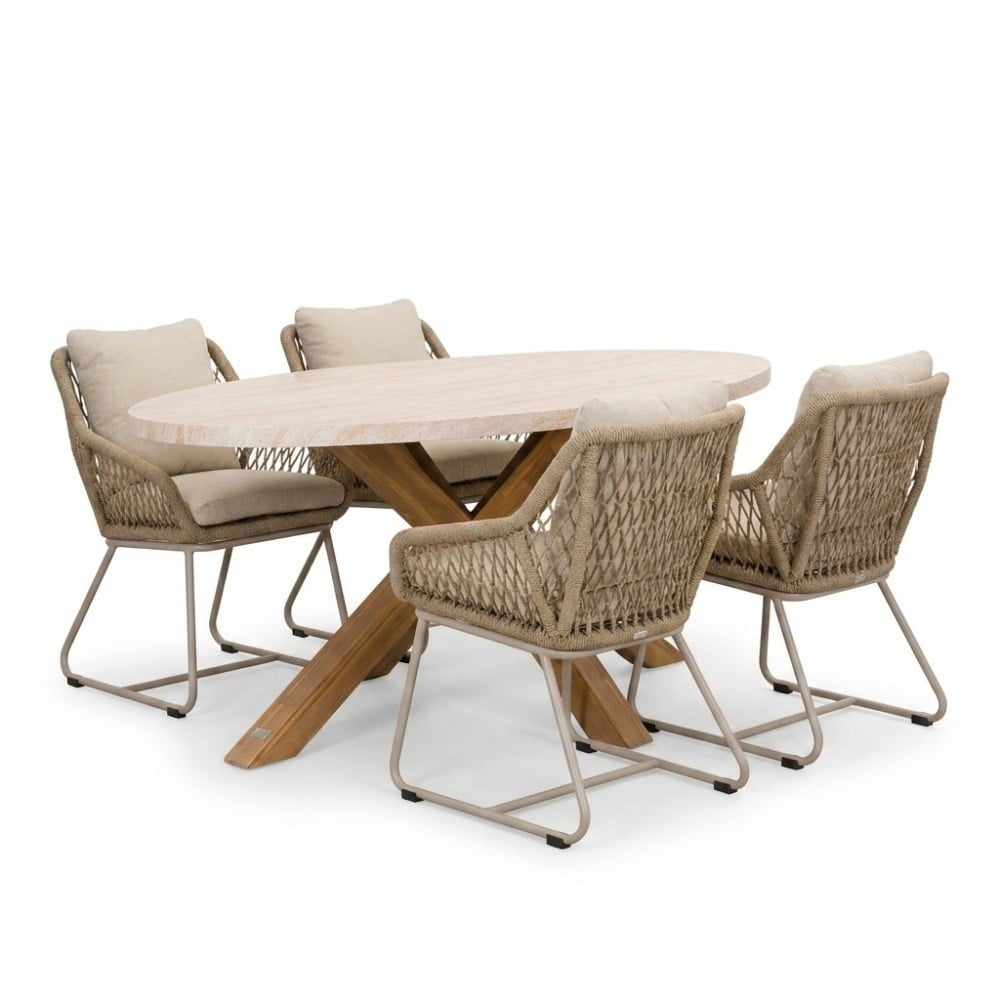 Lorento/Portofino Sandstone dining tuinset | 4 personen | polystone + touw | 200cm ovaal