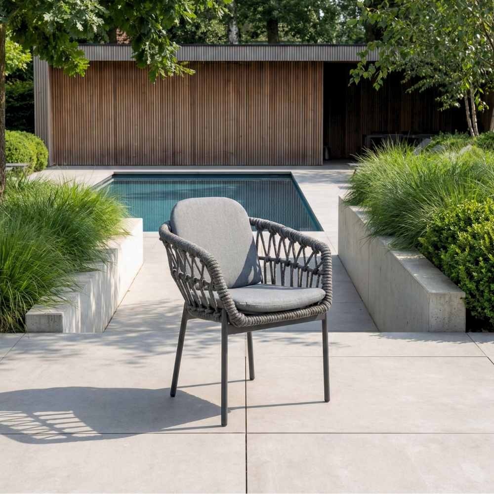 Palau/Femke antraciet dining tuinset | 4 personen | teakhout + touw | Ø120cm rond