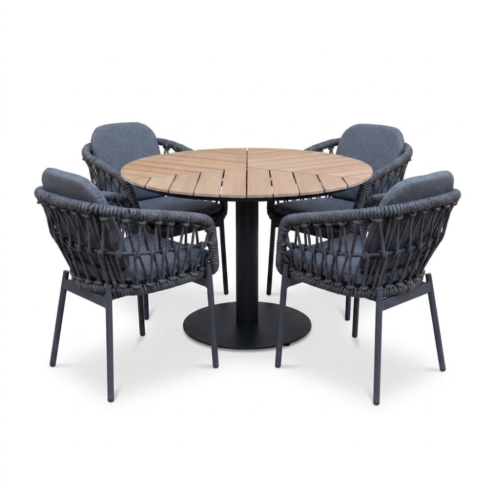 Sirena visgraat/Femke antraciet dining tuinset | 4 personen | polywood + touw | Ø120cm rond