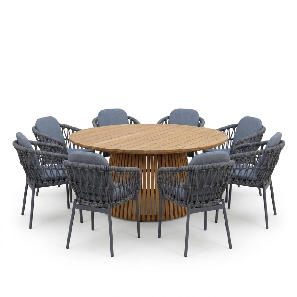 Palau/Femke antraciet dining tuinset | 8 personen | teakhout + touw | 180cm rond