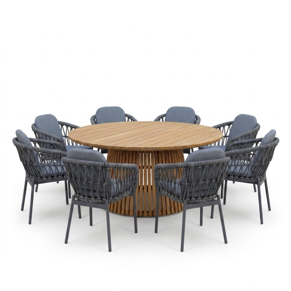 Palau/Femke antraciet dining tuinset | 8 personen | teakhout + touw | 180cm rond