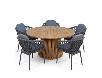 Palau/Femke antraciet dining tuinset | 5 personen | teakhout + touw | Ø140cm rond
