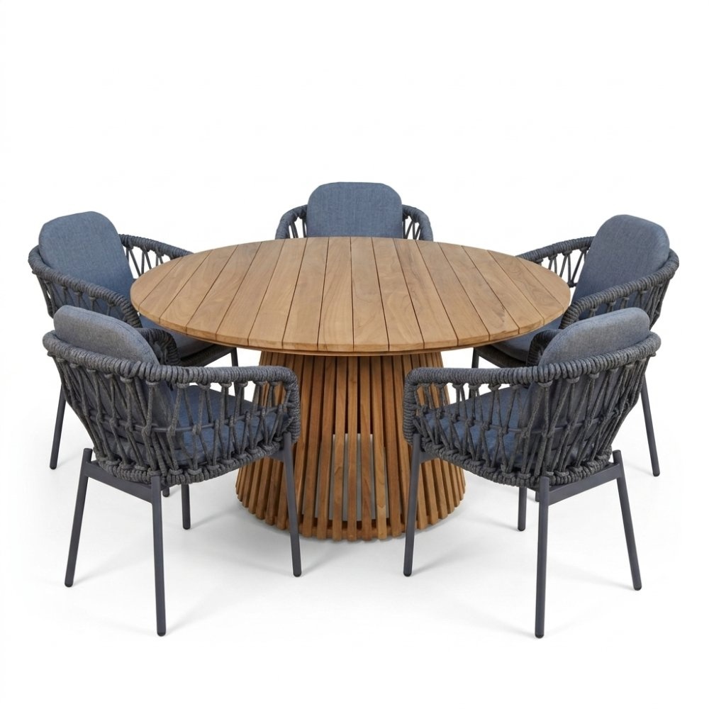 Palau/Femke antraciet dining tuinset | 5 personen | teakhout + touw | Ø140cm rond