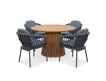Palau/Femke antraciet dining tuinset | 4 personen | teakhout + touw | Ø120cm rond