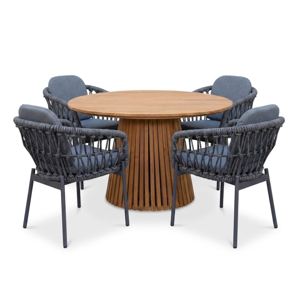 Palau/Femke antraciet dining tuinset | 4 personen | teakhout + touw | Ø120cm rond