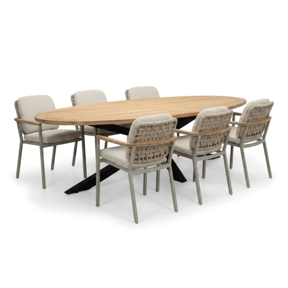 Cleve/Montana beige dining tuinset | 6 personen | teakhout + aluminium | 240cm ovaal