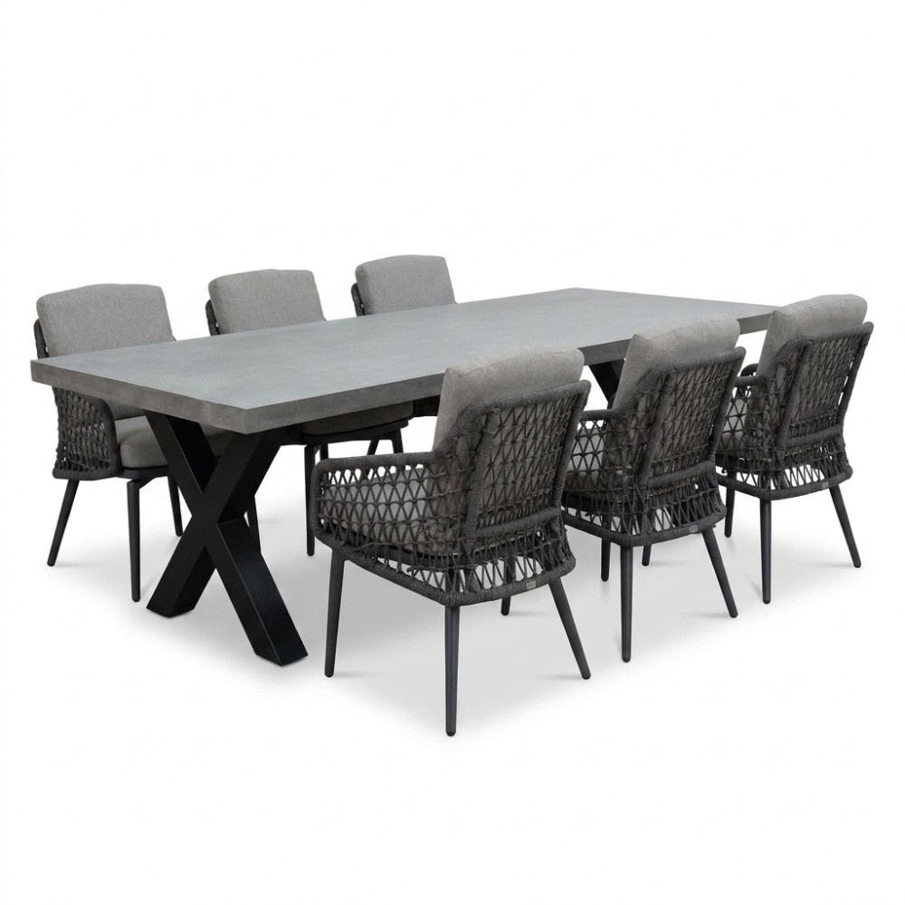 Lyon betonlook/Vedra antraciet dining tuinset | 6 personen | polystone + touw | 250cm