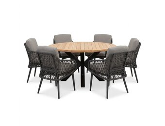 Cleve/Vedra antraciet dining tuinset | 6 personen | teakhout + touw | Ø140cm rond