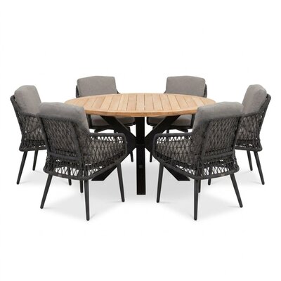 Cleve/Vedra antraciet dining tuinset | 6 personen | teakhout + touw | Ø140cm rond