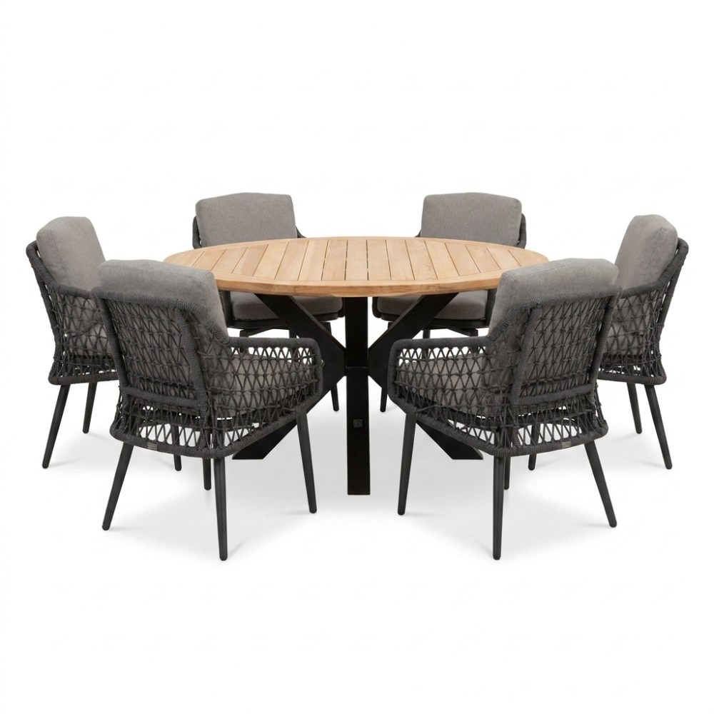 Cleve/Vedra antraciet dining tuinset | 6 personen | teakhout + touw | Ø140cm rond