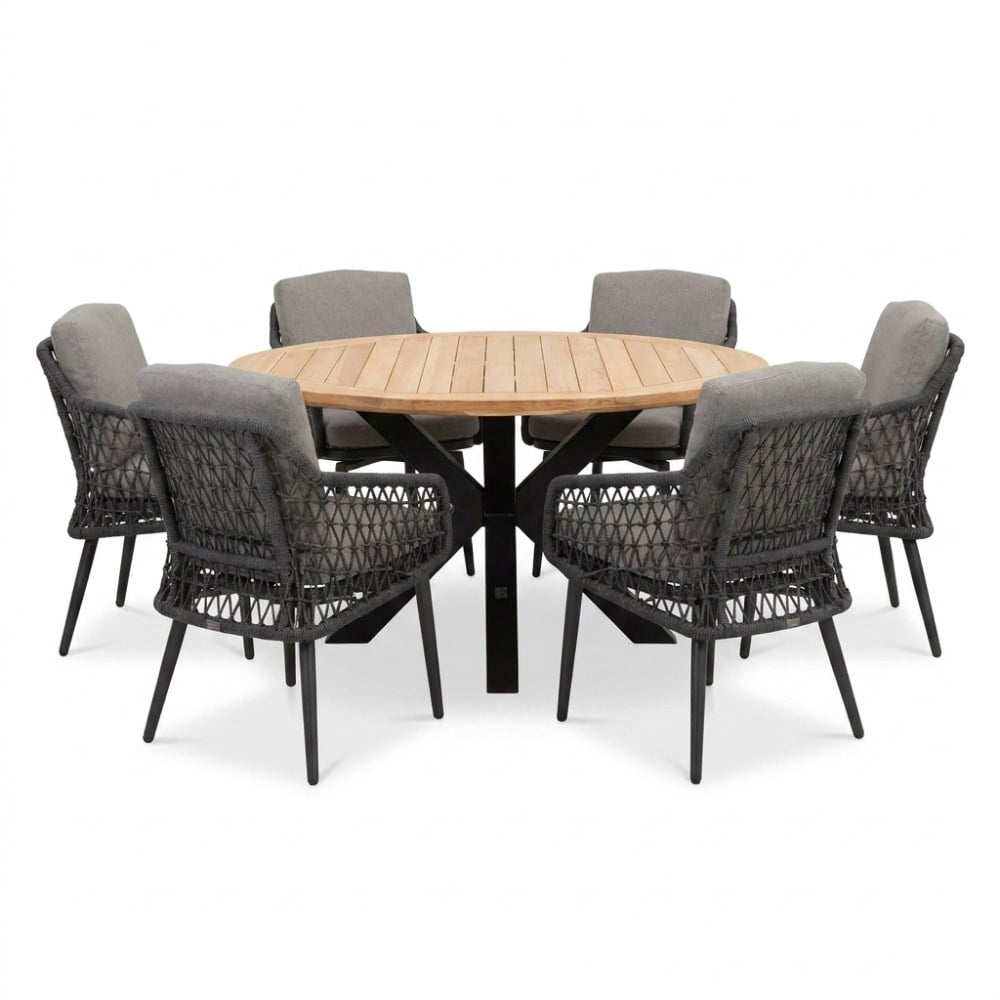 Cleve/Vedra antraciet dining tuinset | 6 personen | teakhout + touw | Ø140cm rond