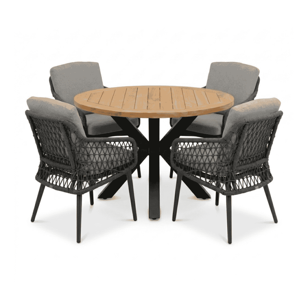 Cleve/Vedra antraciet dining tuinset | 4 personen | teakhout + touw | 120cm rond