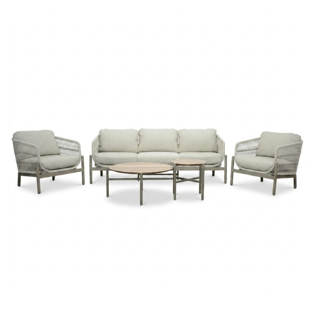 Puglia stoel-bank loungeset 5 personen incl. tafels | touw + aluminium | beige | 5-delig