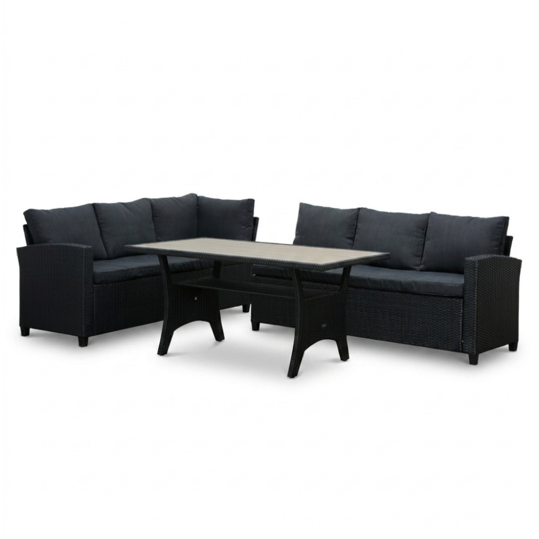 Stockholm dining loungeset 6 personen | wicker + polywood | zwart/Natural Wood | 3-delig - 245x169cm