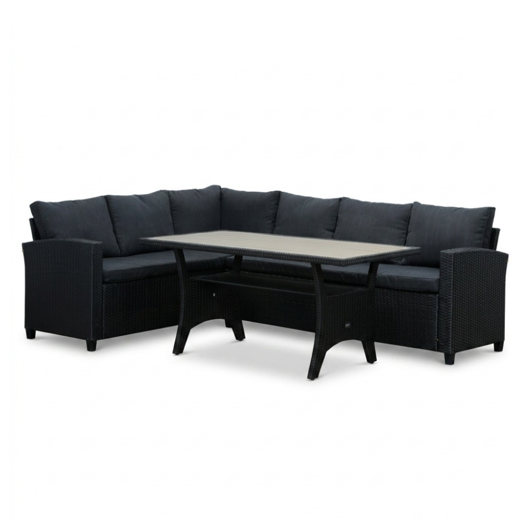 Stockholm dining loungeset 6 personen | wicker + polywood | zwart/Natural Wood | 3-delig - 245x169cm