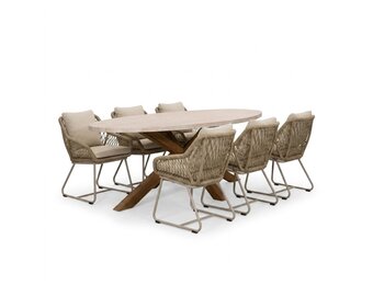 Lorento/Portofino Sandstone dining tuinset | 6 personen | polystone + touw | 240cm ovaal