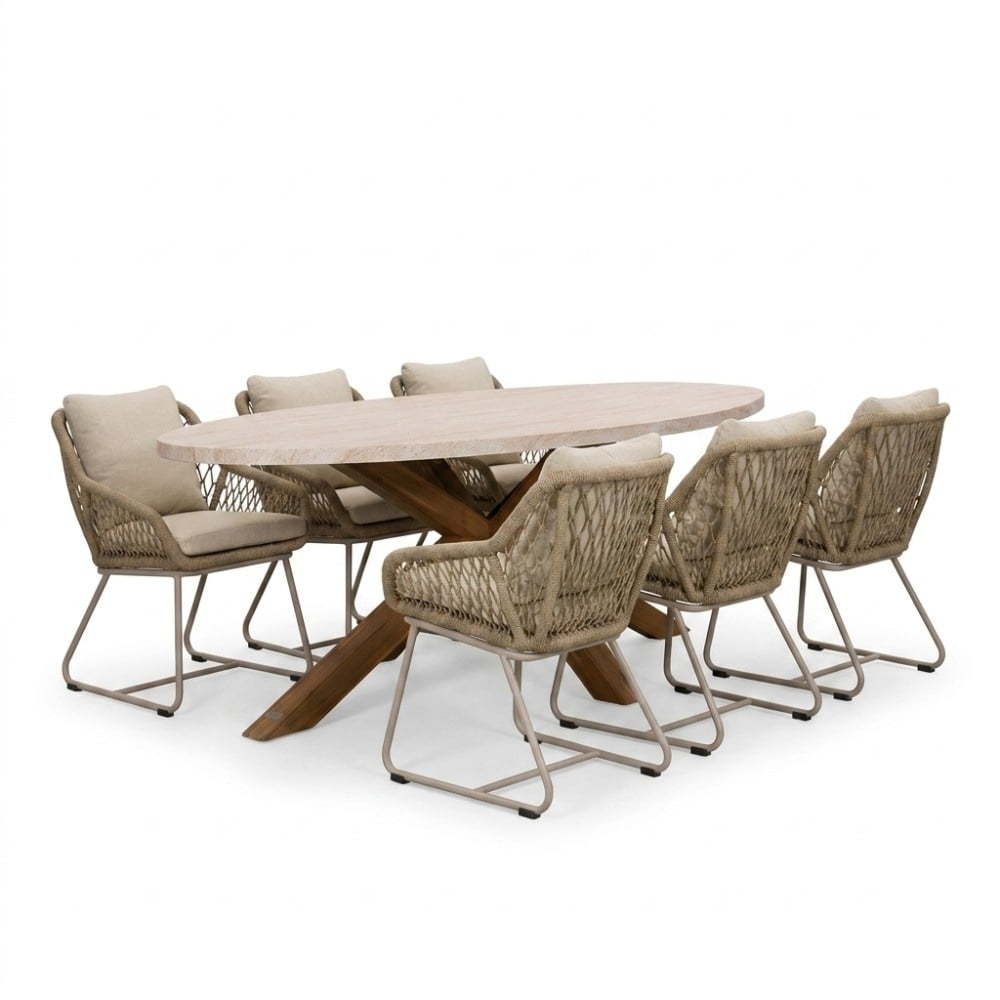 Lorento/Portofino Sandstone dining tuinset | 6 personen | polystone + touw | 240cm ovaal