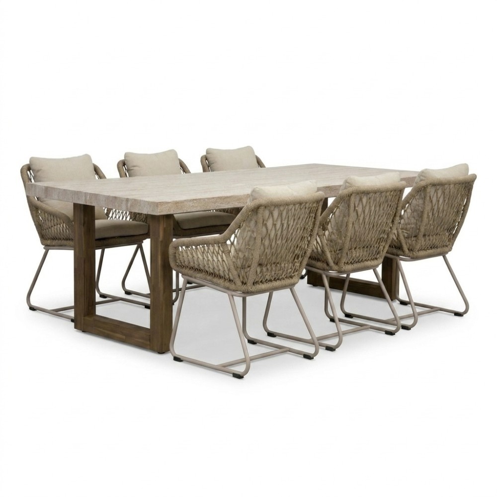 Laurenne/Portofino Sandstone dining tuinset | 6 personen | polystone + touw | 250cm