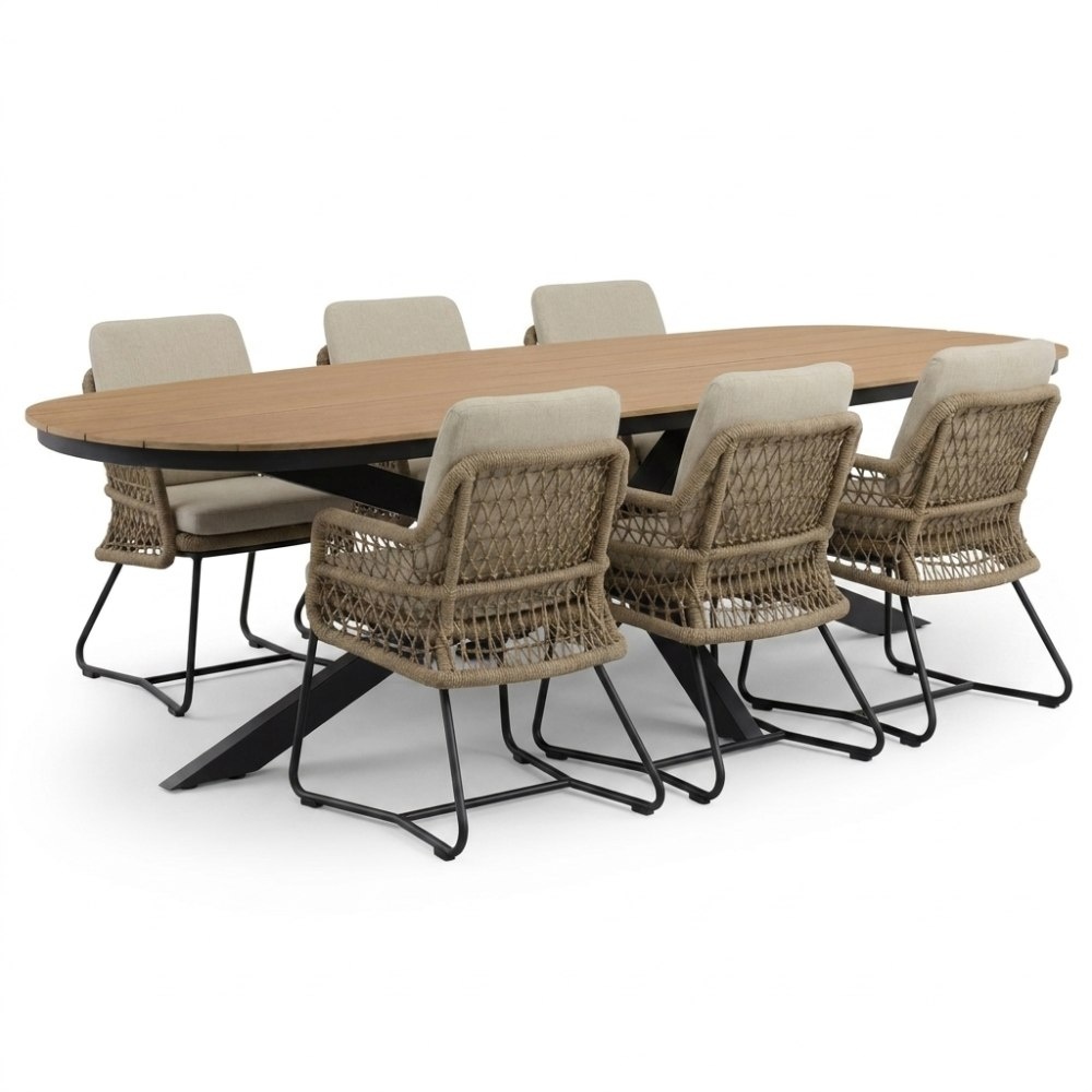 LUX outdoor living Texas/Gianna Sahara Dust dining tuinset | 6 personen | polywood + touw | 260cm – Taupe – Naturel – Bruin, Beige