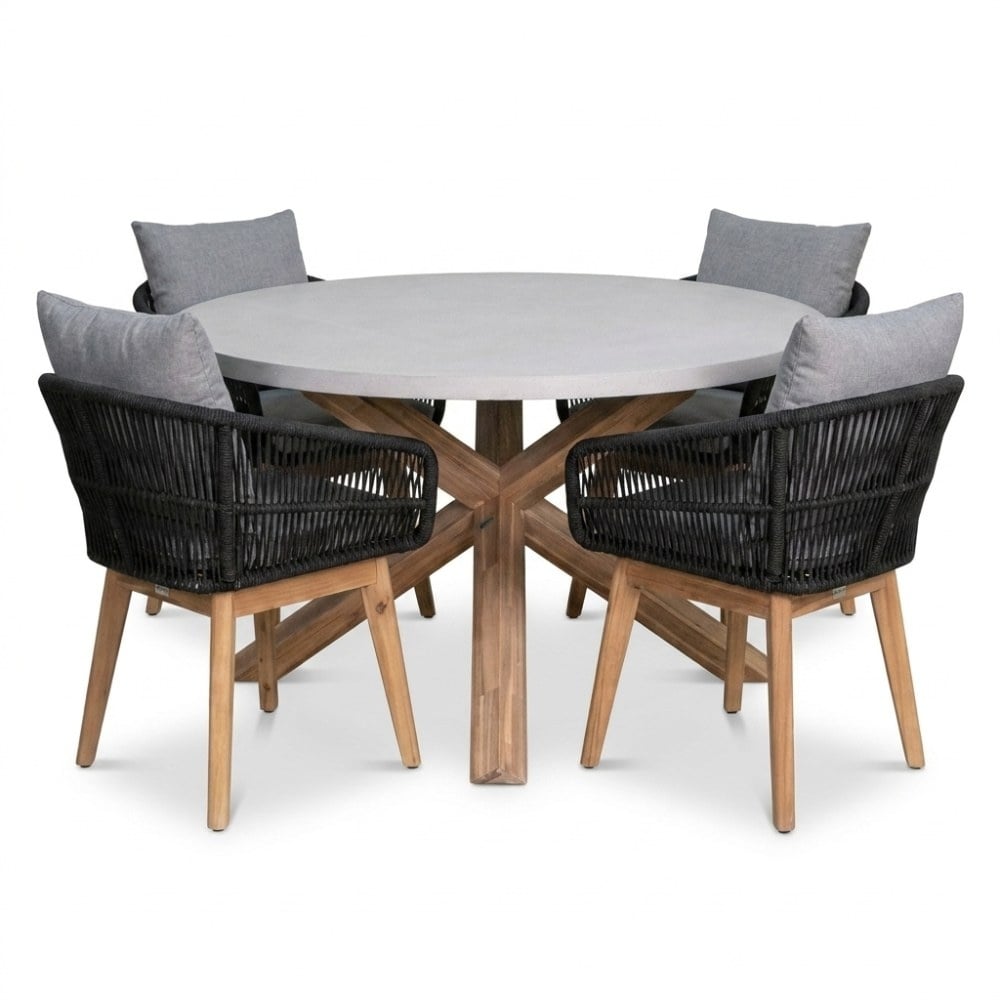 Nancy/Bella zwart dining tuinset | 4 personen | polystone + touw | Ø135cm rond