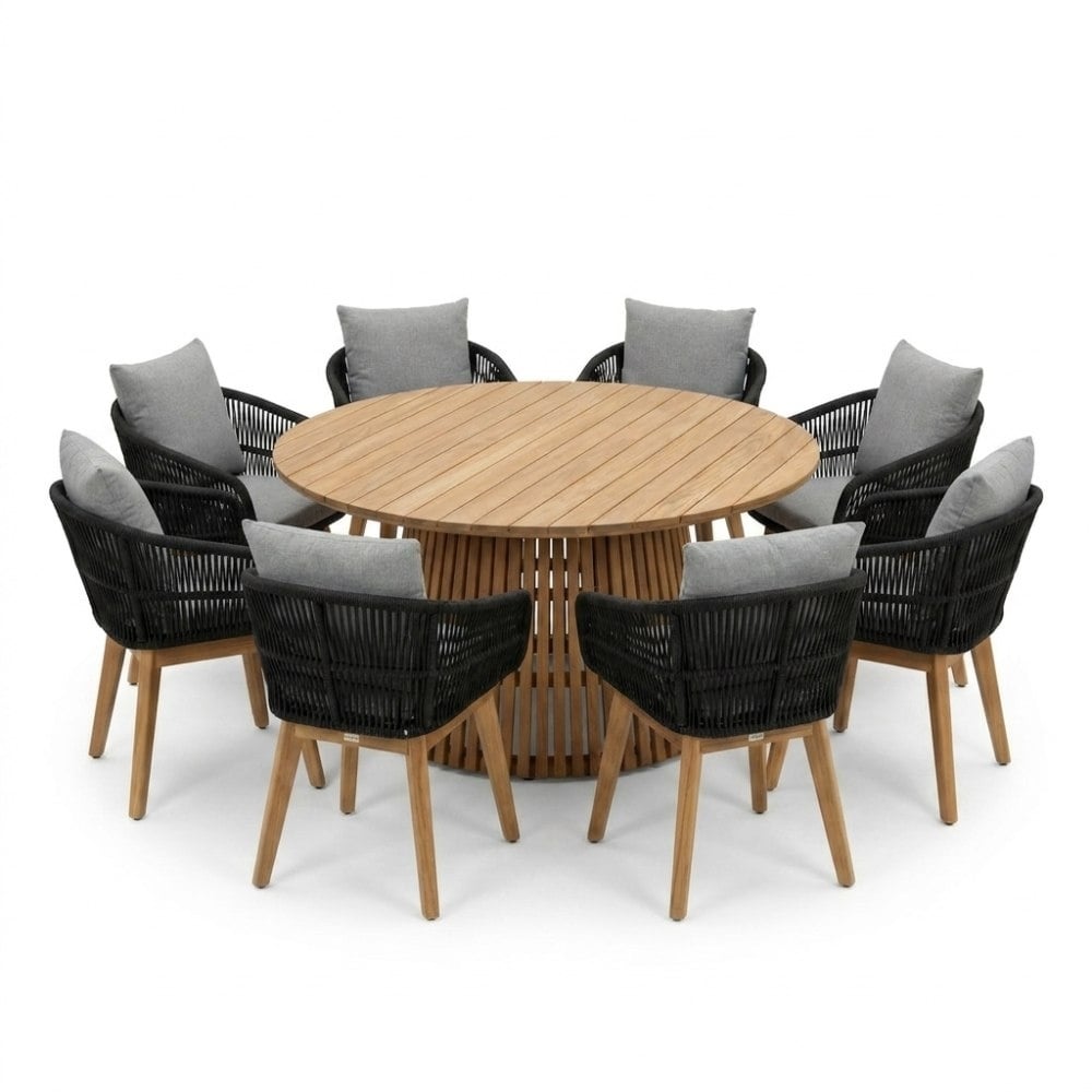 Palau/Bella zwart dining tuinset | 8 personen | teakhout + touw | 180cm rond