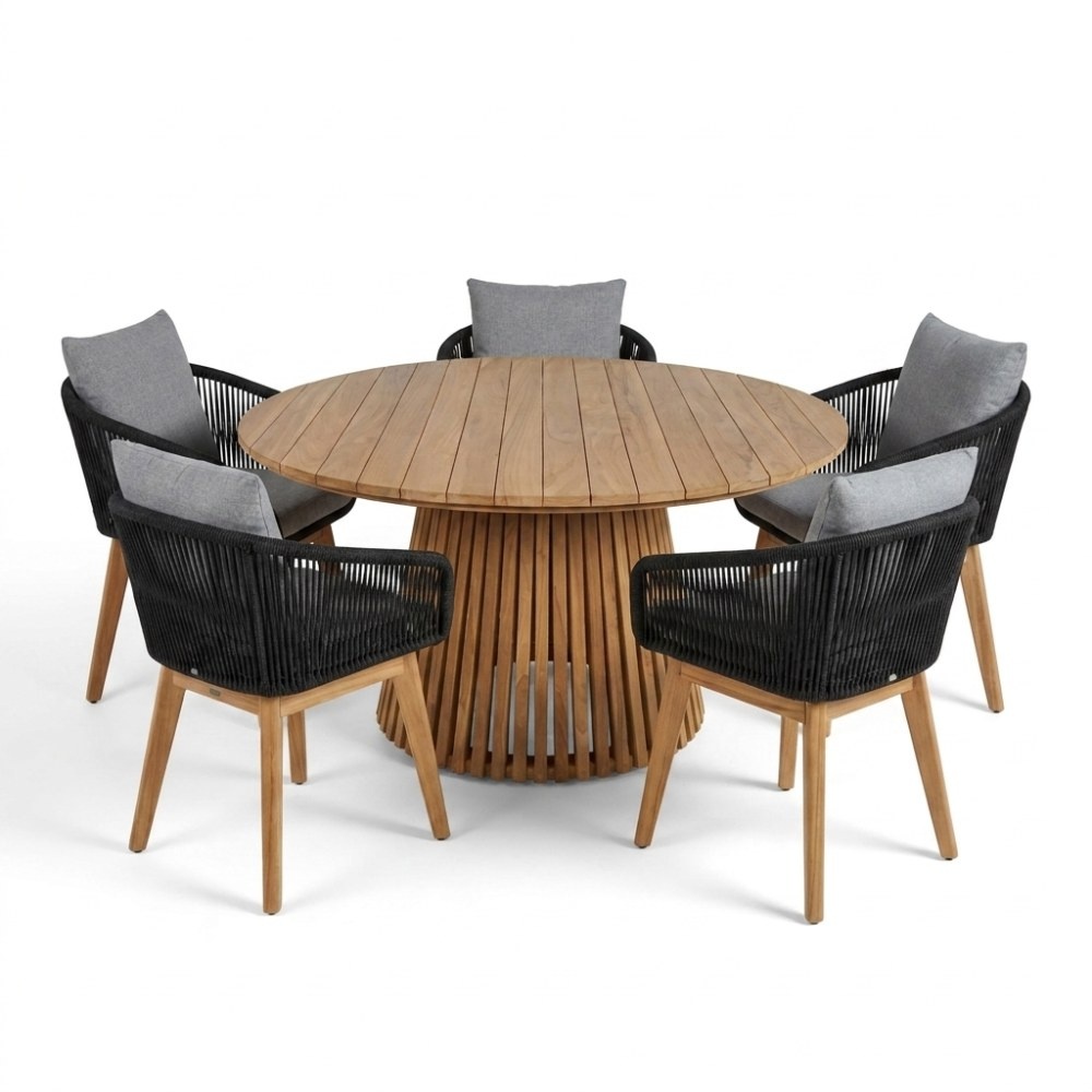 Palau/Bella zwart dining tuinset | 5 personen | teakhout + touw | Ø140cm rond