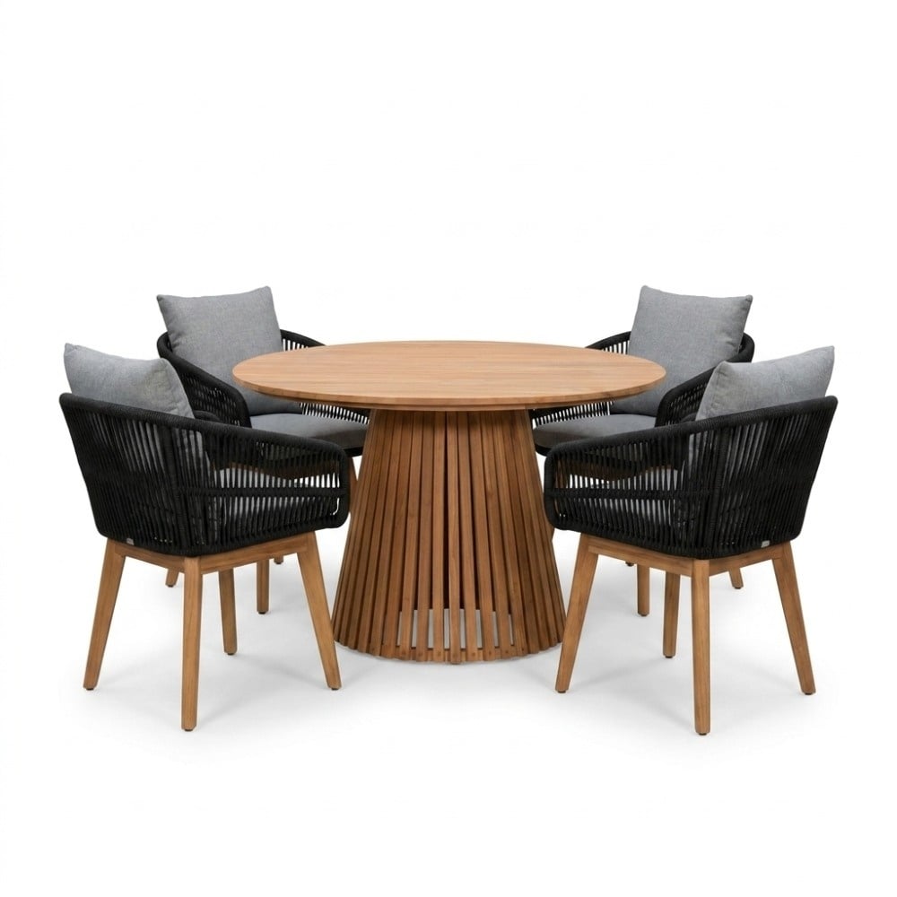 Palau/Bella zwart dining tuinset | 4 personen | teakhout + touw | Ø120cm rond
