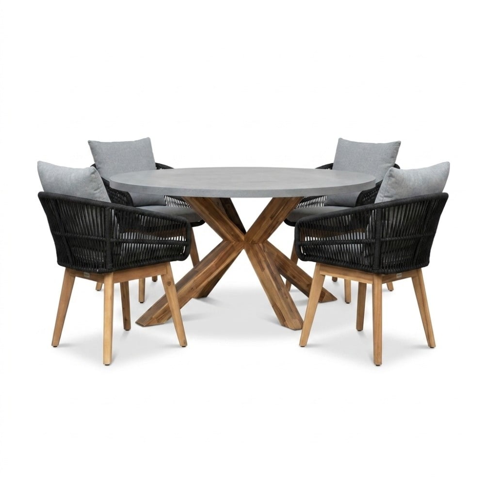 Livorno/Bella zwart dining tuinset | 4 personen | polystone + touw | 200cm
