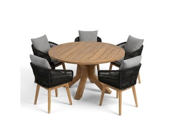 Genua/Bella zwart dining tuinset | 5 personen | teakhout + touw | 140cm rond