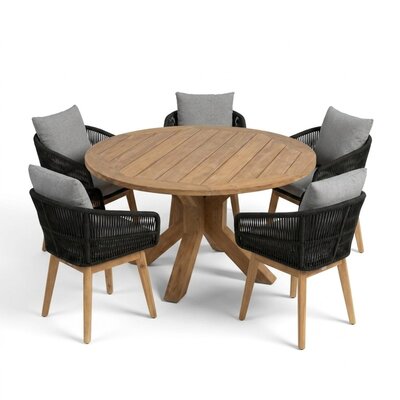 Genua/Bella zwart dining tuinset | 5 personen | teakhout + touw | 140cm rond
