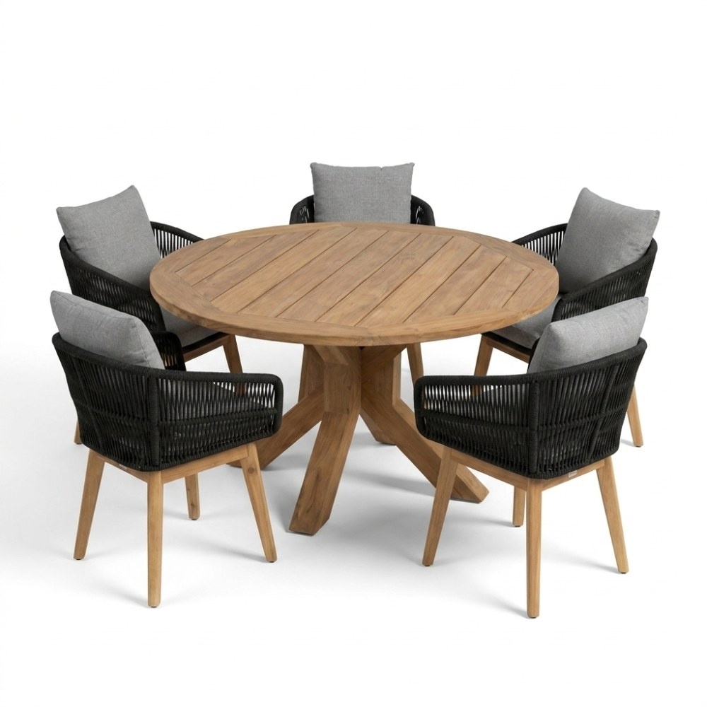 Genua/Bella zwart dining tuinset | 5 personen | teakhout + touw | 140cm rond