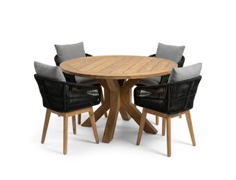 Genua/Bella zwart dining tuinset | 4 personen | teakhout + touw | 120cm rond