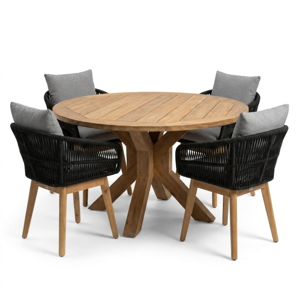BUITEN living Genua/Bella zwart dining tuinset | 4 personen | teakhout + touw | 120cm rond