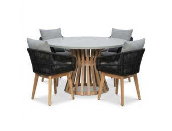 Elzas/Bella zwart dining tuinset | 4 personen | polystone + touw | Ø135cm rond