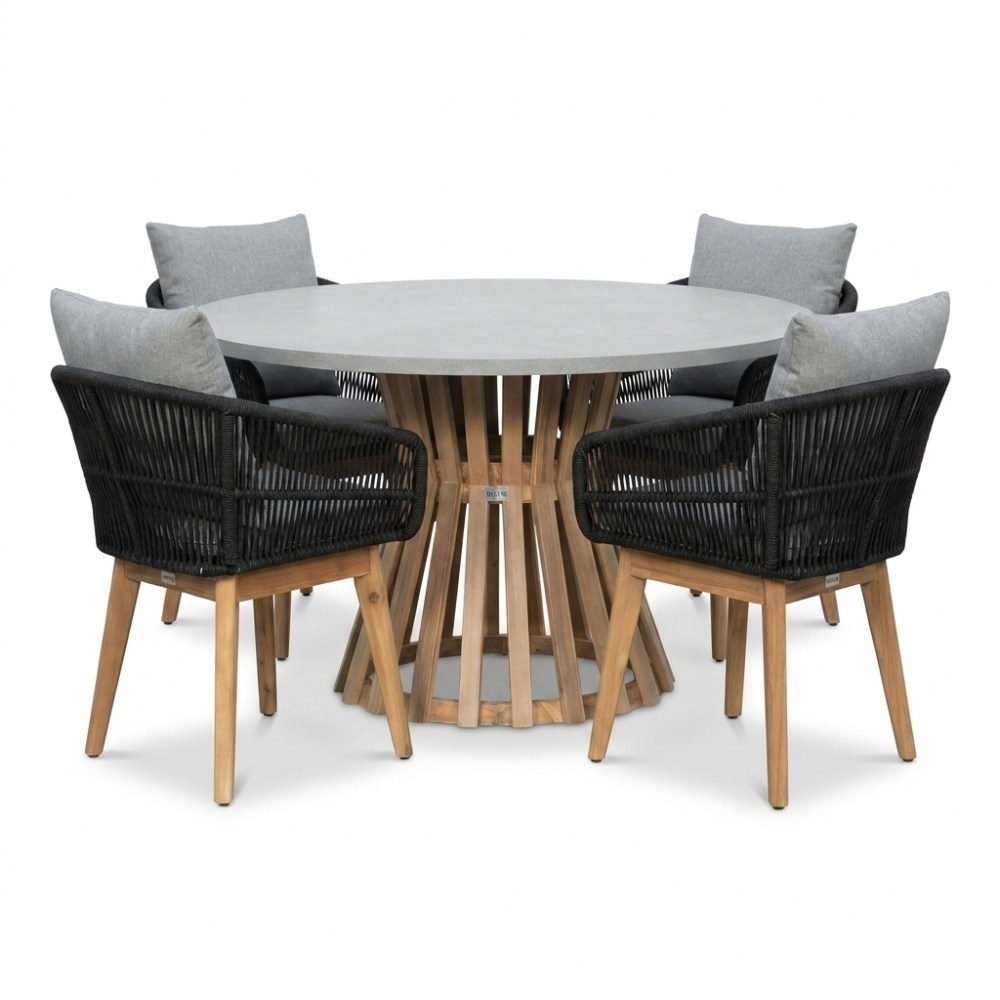 Elzas/Bella zwart dining tuinset | 4 personen | polystone + touw | Ø135cm rond