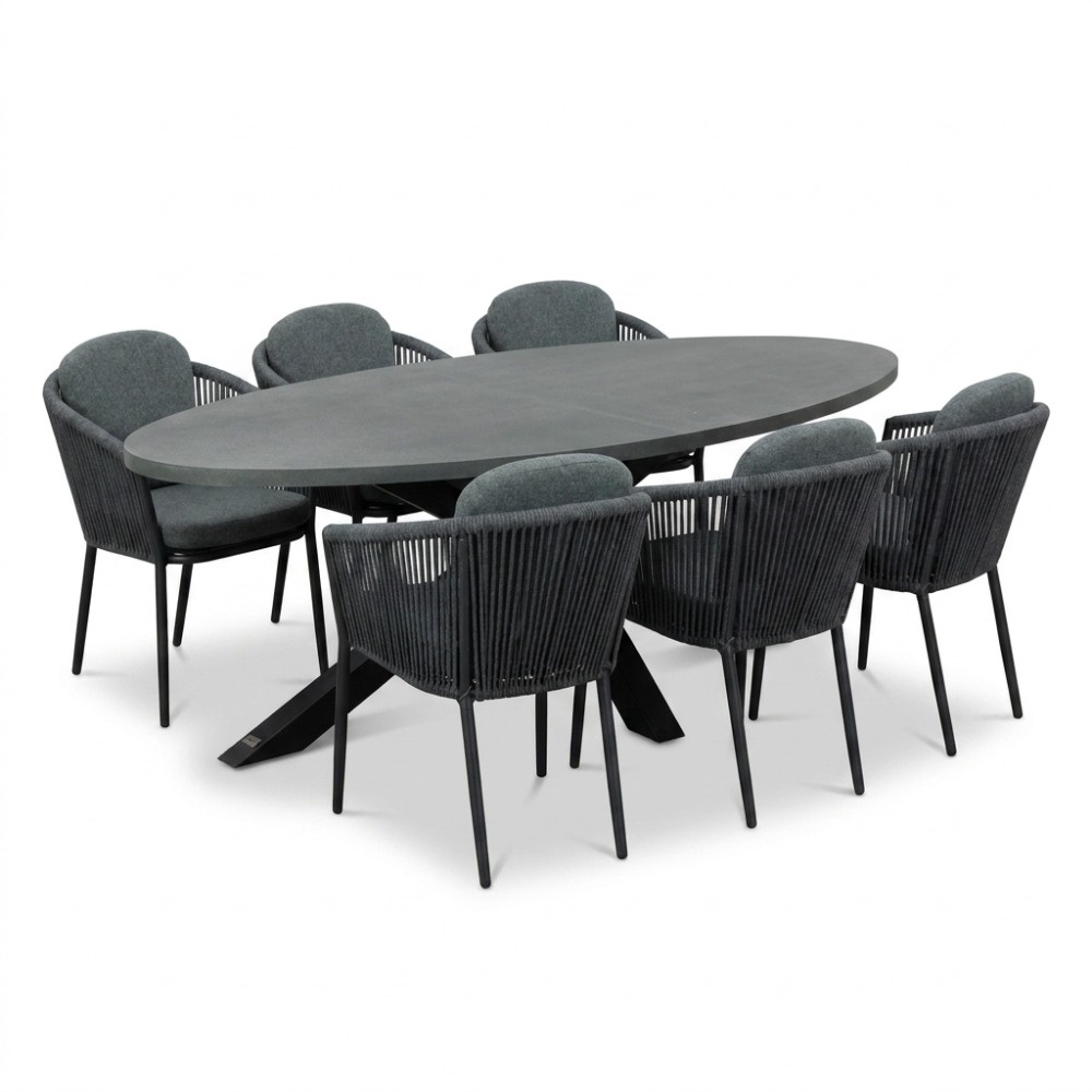 Stockholm/Parma antraciet dining tuinset | 6 personen | polystone + touw | 240cm