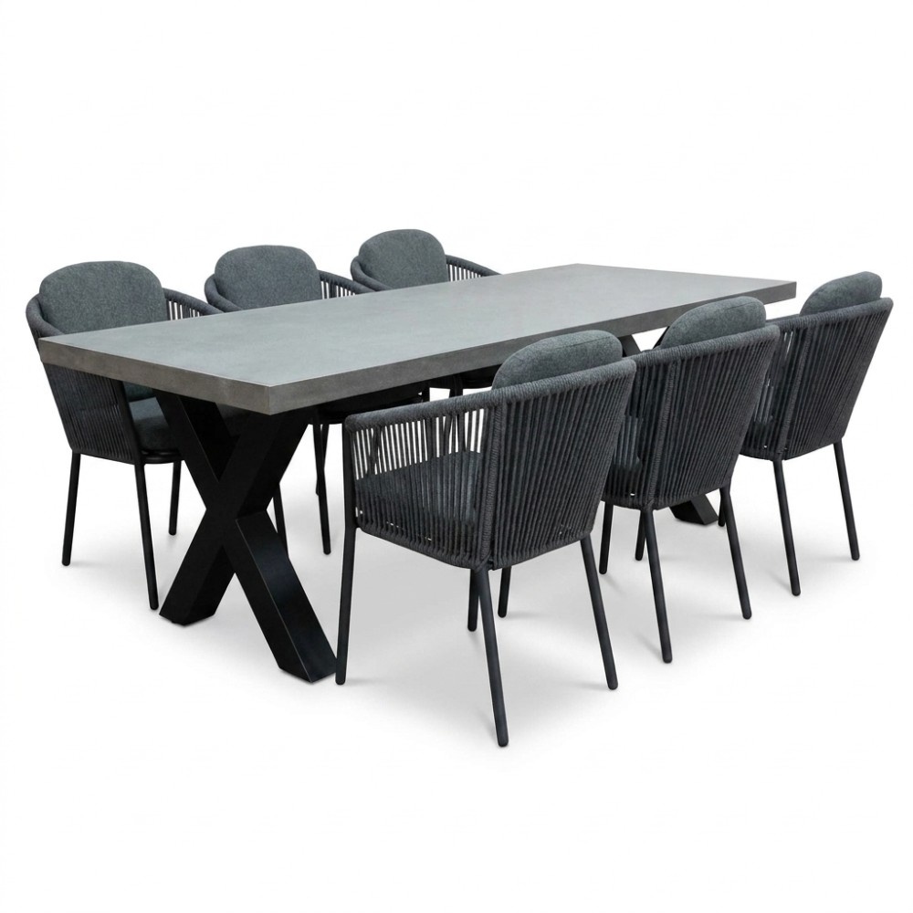 Lyon betonlook/Parma antraciet dining tuinset | 6 personen | polystone + touw | 250cm