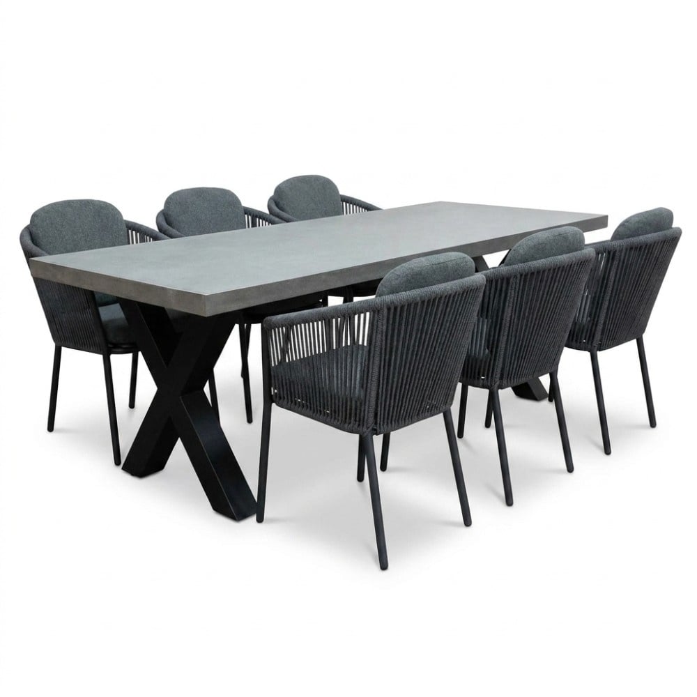 Lyon betonlook/Parma antraciet dining tuinset | 6 personen | polystone + touw | 250cm