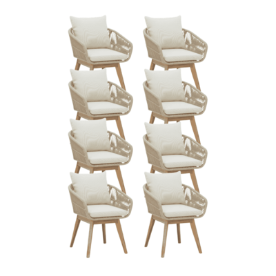 Bella dining tuinstoel set van 8 | touw + hardhout | zand