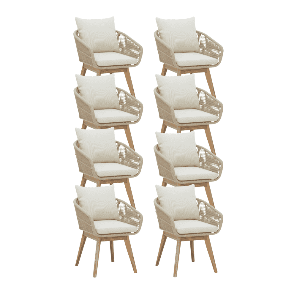 Bella dining tuinstoel set van 8 | touw + hardhout | zand