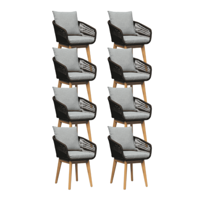 Bella dining tuinstoel set van 8 | touw + hardhout | zwart