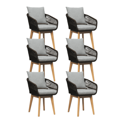 Bella dining tuinstoel set van 6 | touw + hardhout | zwart