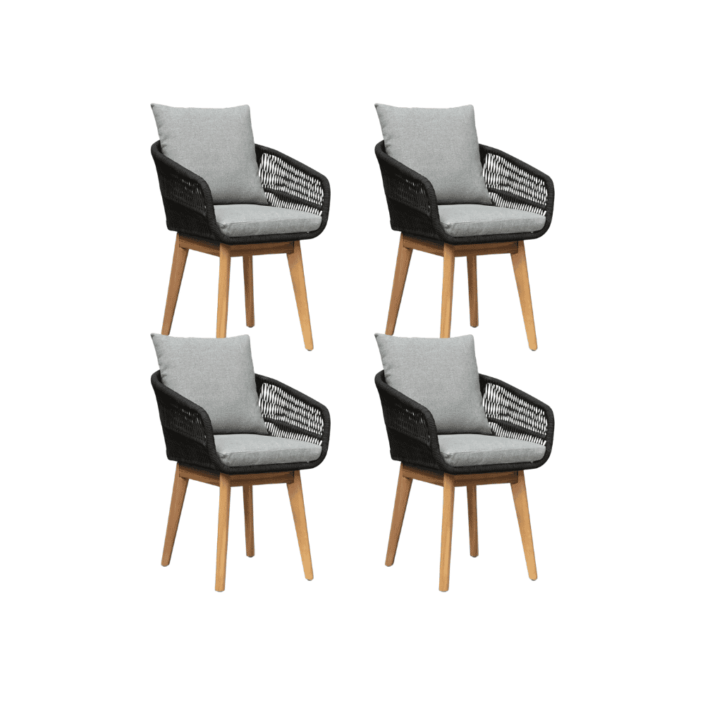 Bella dining tuinstoel set van 4 | touw + hardhout | zwart