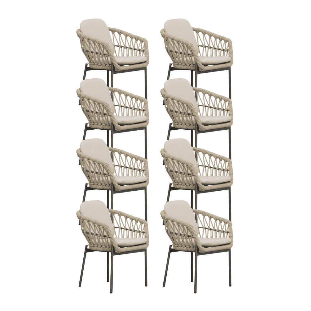 Femke dining tuinstoel set van 8 | touw + aluminium | beige/antraciet