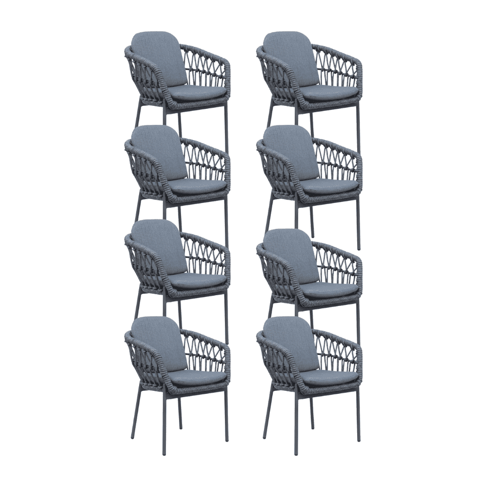 Femke dining tuinstoel set van 8 | touw + aluminium | antraciet