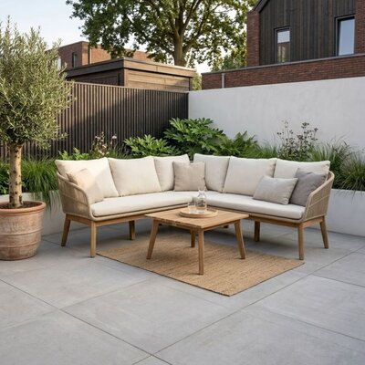 Bella hoek loungeset 5 personen | touw + hardhout | zand | 4-delig | 4-delig - 219x219cm