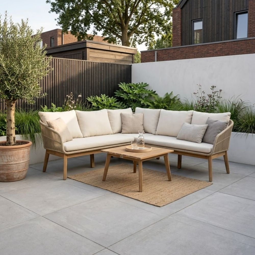 BUITEN living Bella hoek loungeset 5 personen | touw + hardhout | zand | 4-delig | 4-delig 219x219cm