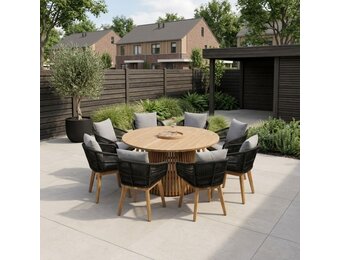 Palau/Bella zwart dining tuinset | 8 personen | teakhout + touw | 180cm rond