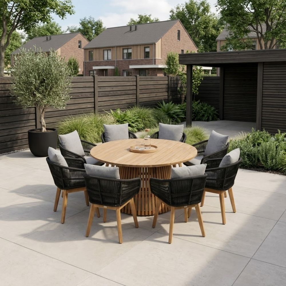 Palau/Bella zwart dining tuinset | 8 personen | teakhout + touw | 180cm rond