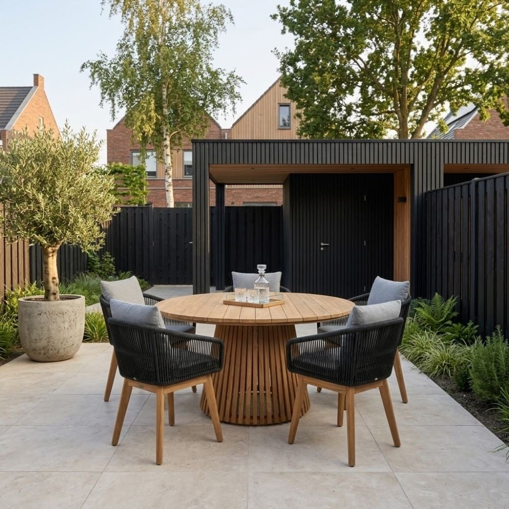 Palau/Bella zwart dining tuinset | 5 personen | teakhout + touw | Ø140cm rond